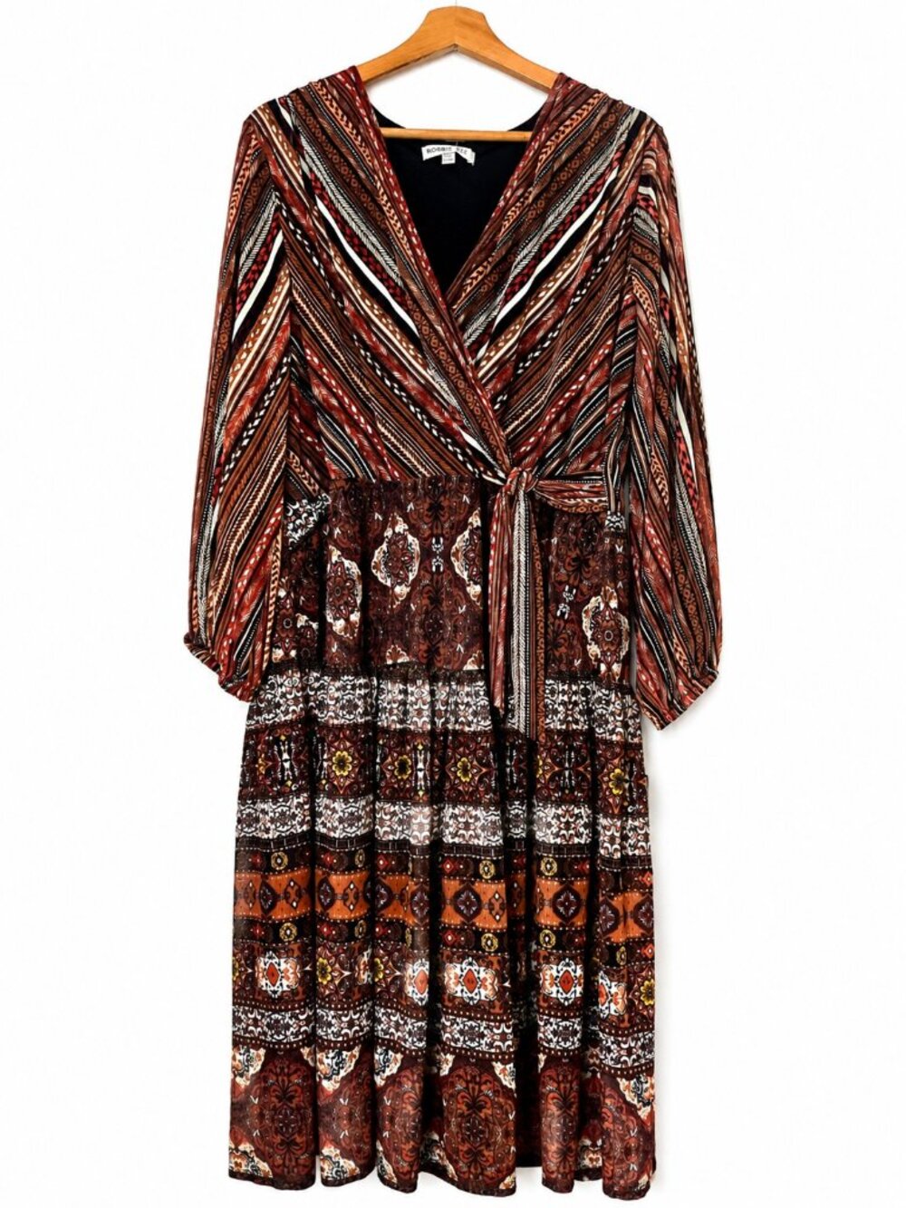 Robbie Bee Women’s Boho Print Wrap Dress Size XL – Brown Rust Multicolor